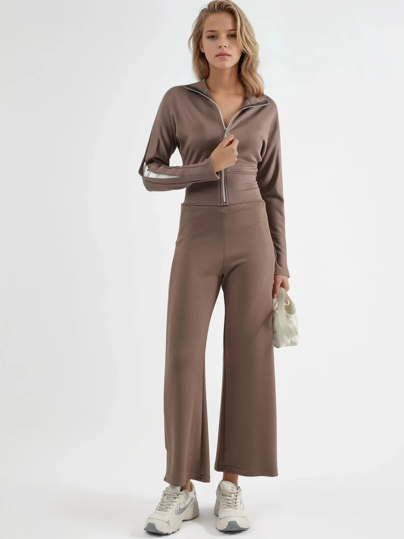 Hiccup Camel Brown Modal Touch High Waist Wide Leg Two-Piece Set with Zipper Collar Bersan Collection for Women | Best Price UAE
