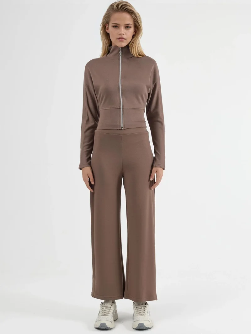 Hiccup Camel Brown Modal Touch High Waist Wide Leg Two-Piece Set with Zipper Collar Bersan Collection for Women | Best Price UAE