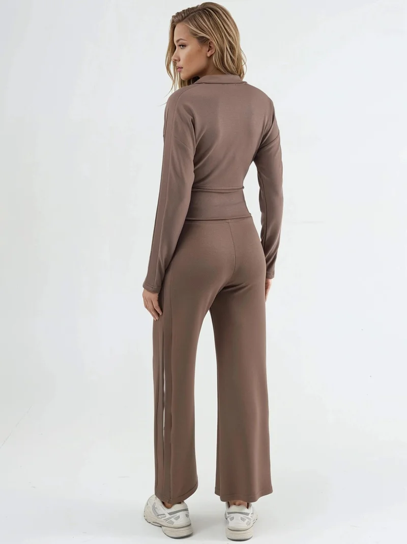 Hiccup Camel Brown Modal Touch High Waist Wide Leg Two-Piece Set with Zipper Collar Bersan Collection for Women | Best Price UAE