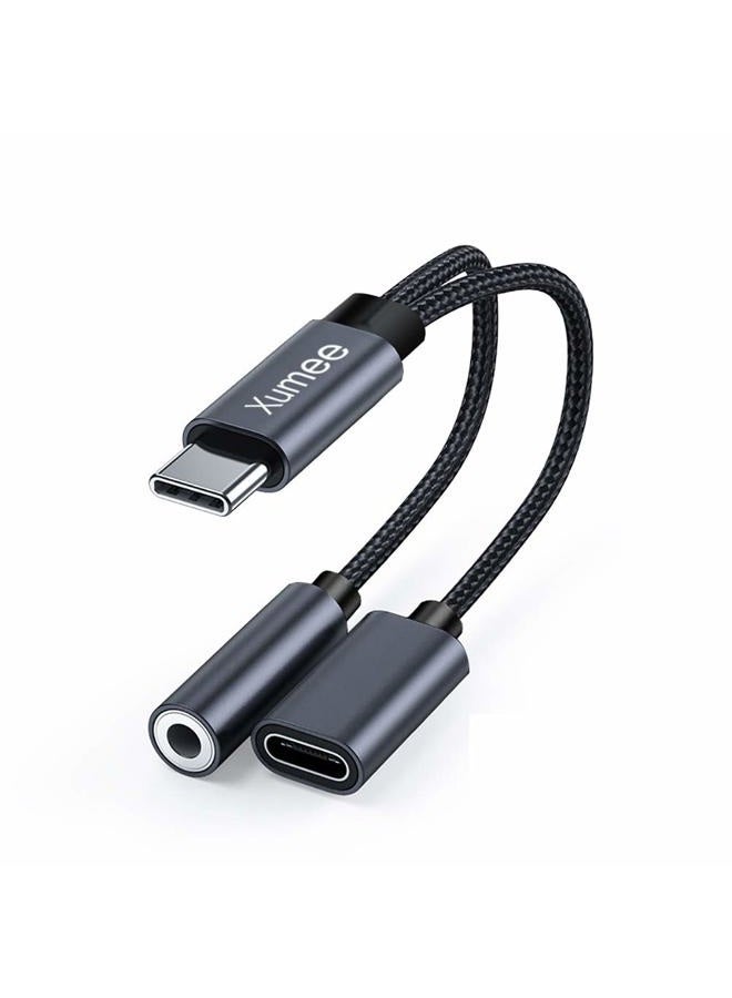 Xumee USB Type C to 3.5mm Headphone and Charger Adapter, 2-in-1 USB C to Aux Audio Jack Hi-Res DAC and Fast Charging Dongle Cable Compatible with iPhone 15 Pro Max,Galaxy S24 S23 Ultra S22 S21 (Grey) - Image 1
