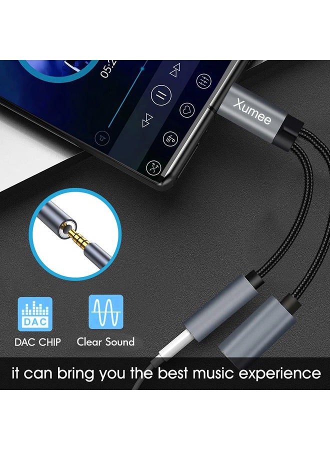 Xumee USB Type C to 3.5mm Headphone and Charger Adapter, 2-in-1 USB C to Aux Audio Jack Hi-Res DAC and Fast Charging Dongle Cable Compatible with iPhone 15 Pro Max,Galaxy S24 S23 Ultra S22 S21 (Grey) - Image 4