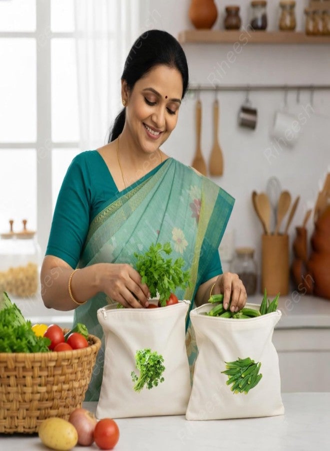 Cloudsell Cotton Vegetable Bags for Fridge Pack of 10 Washable & Breathable Ziplock bags for fridge Plastic Free Fruit & Vegetables Storage Bags 12x12 Inches - Image 2