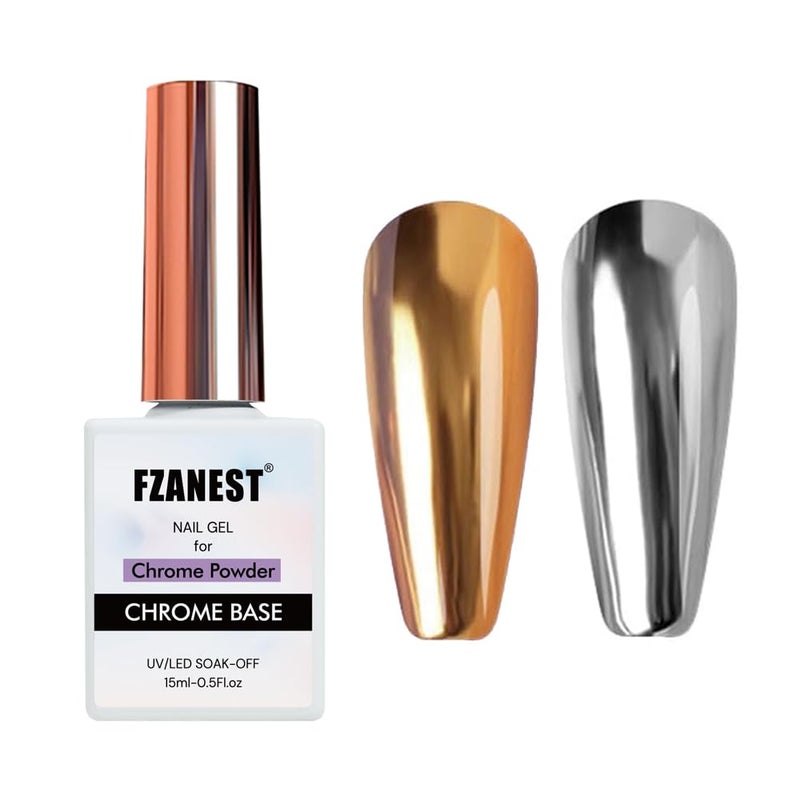 FZANEST Chrome Base Coat Gel Base Top Coat for Chrome Nail Powder 15ml No Wipe Clear Gel Nail Polish High Gloss Mirror Shine Long Lasting Easy Application Soak off DIY Home Salon Art Design - Image 1
