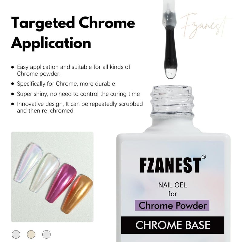 FZANEST Chrome Base Coat Gel Base Top Coat for Chrome Nail Powder 15ml No Wipe Clear Gel Nail Polish High Gloss Mirror Shine Long Lasting Easy Application Soak off DIY Home Salon Art Design - Image 2