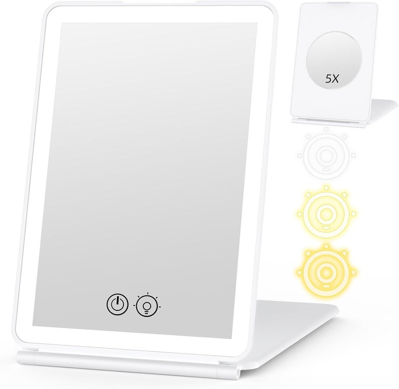 WEILY Make-Up Mirror with Lighting, Cosmetic Mirror with 5x Magnification, 3 Colours, Dimmable Touchscreen Make-Up Mirror with Light, USB Rechargeable Makeup Mirror for Travel (White) - Image 1