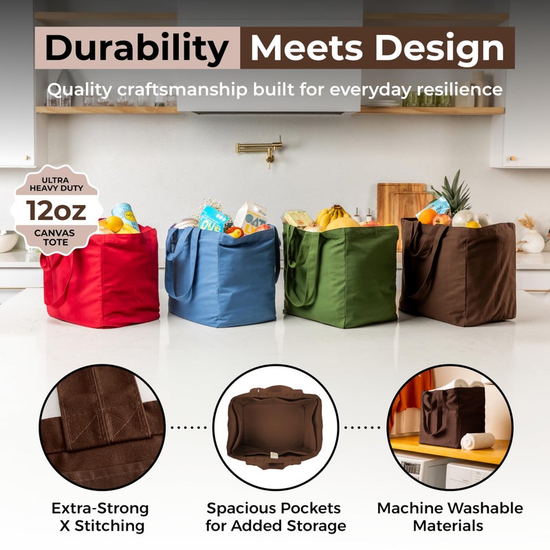 Veramia Canvas Grocery Bag 3Pc Jumbo Set With Real Pockets  Long Shoulder Strap And Short Handle. Reusable Shopping Bags For Groceries Heavy Duty  Foldable  Washable  Grocery Tote Bag (Dark Brown) - Image 3
