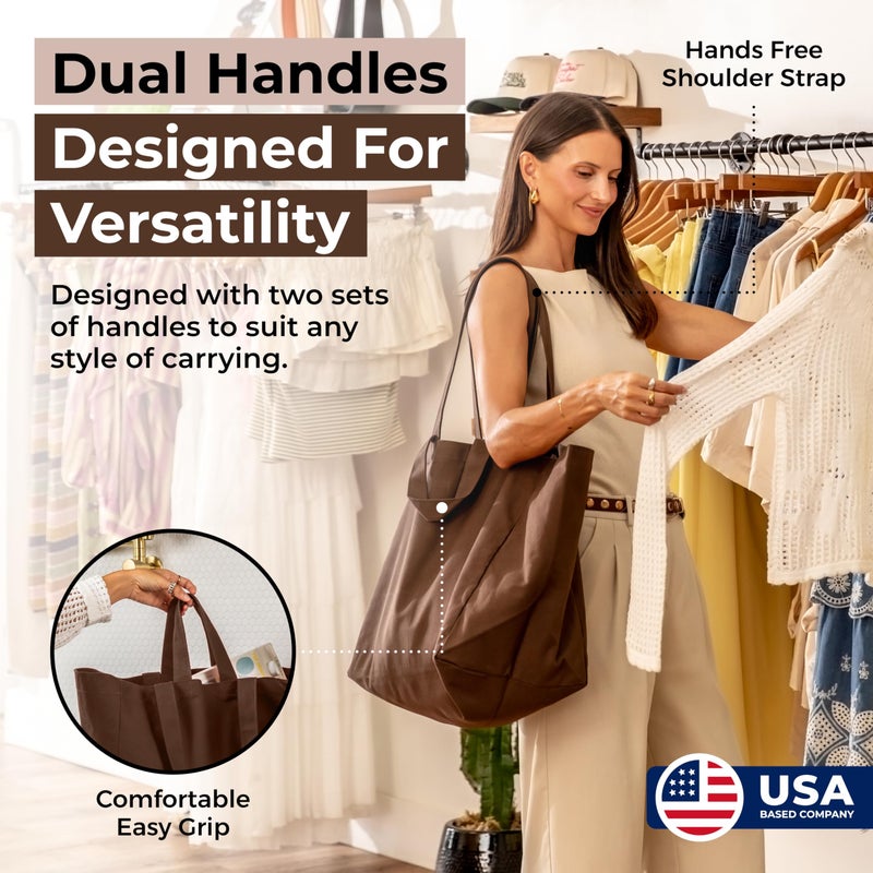 Veramia Canvas Grocery Bag 3Pc Jumbo Set With Real Pockets  Long Shoulder Strap And Short Handle. Reusable Shopping Bags For Groceries Heavy Duty  Foldable  Washable  Grocery Tote Bag (Dark Brown) - Image 2