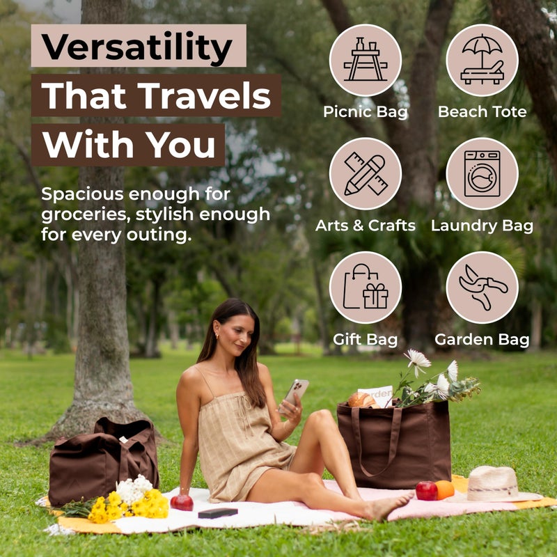 Veramia Canvas Grocery Bag 3Pc Jumbo Set With Real Pockets  Long Shoulder Strap And Short Handle. Reusable Shopping Bags For Groceries Heavy Duty  Foldable  Washable  Grocery Tote Bag (Dark Brown) - Image 5
