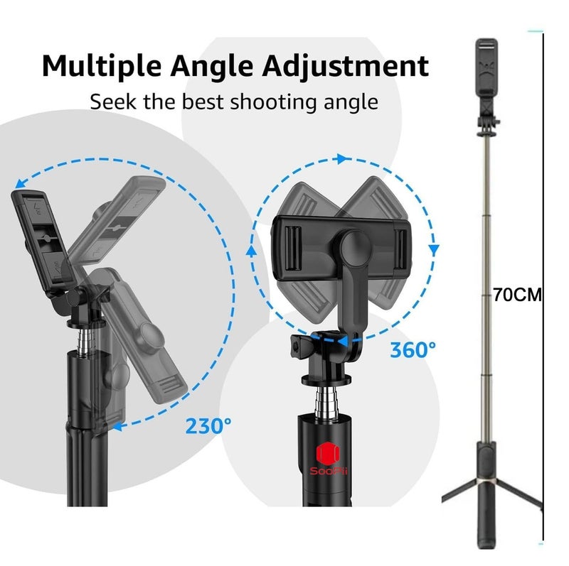 SooPii 3-in-1 Selfie Stick Tripod, 360° Rotation, Extendable & Portable Phone Holder Stand with Detachable Bluetooth Wireless Remote for Vlogging, Photography, iPhone, Android & Action Cameras - Image 4