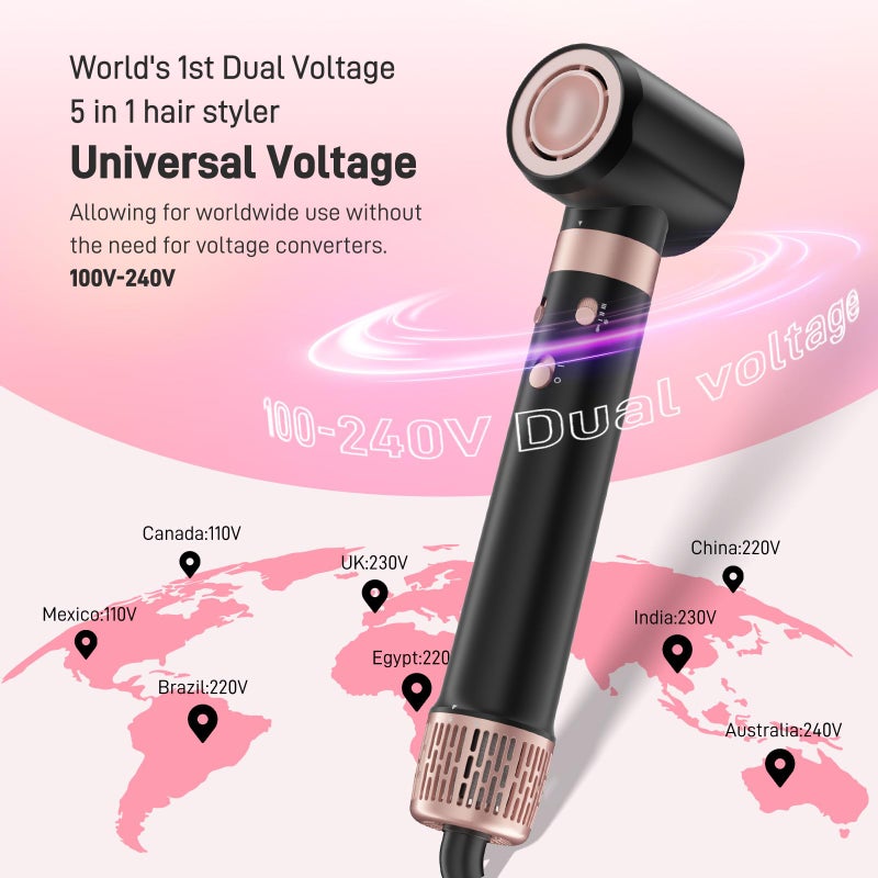 MESCOMB Dual Voltage Hot Air Styler Wrap - 5 in 1 Hair Dryer Brush with Fast Drying Blow Dryer, Styling, Straightening & Volumizing with Travel Bag (100Vâ€“240V) -Black + Pink - Image 3