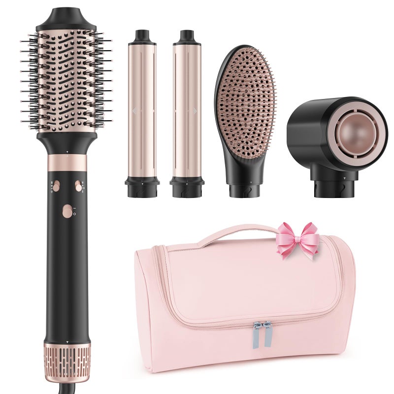 MESCOMB Dual Voltage Hot Air Styler Wrap - 5 in 1 Hair Dryer Brush with Fast Drying Blow Dryer, Styling, Straightening & Volumizing with Travel Bag (100Vâ€“240V) -Black + Pink - Image 1