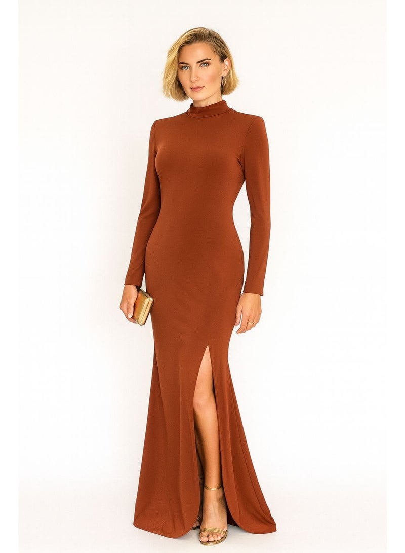 Influence Germany Stylish rust-colored long-sleeve maxi dress with a mock neckline and a sleek, fitted silhouette - Image 1