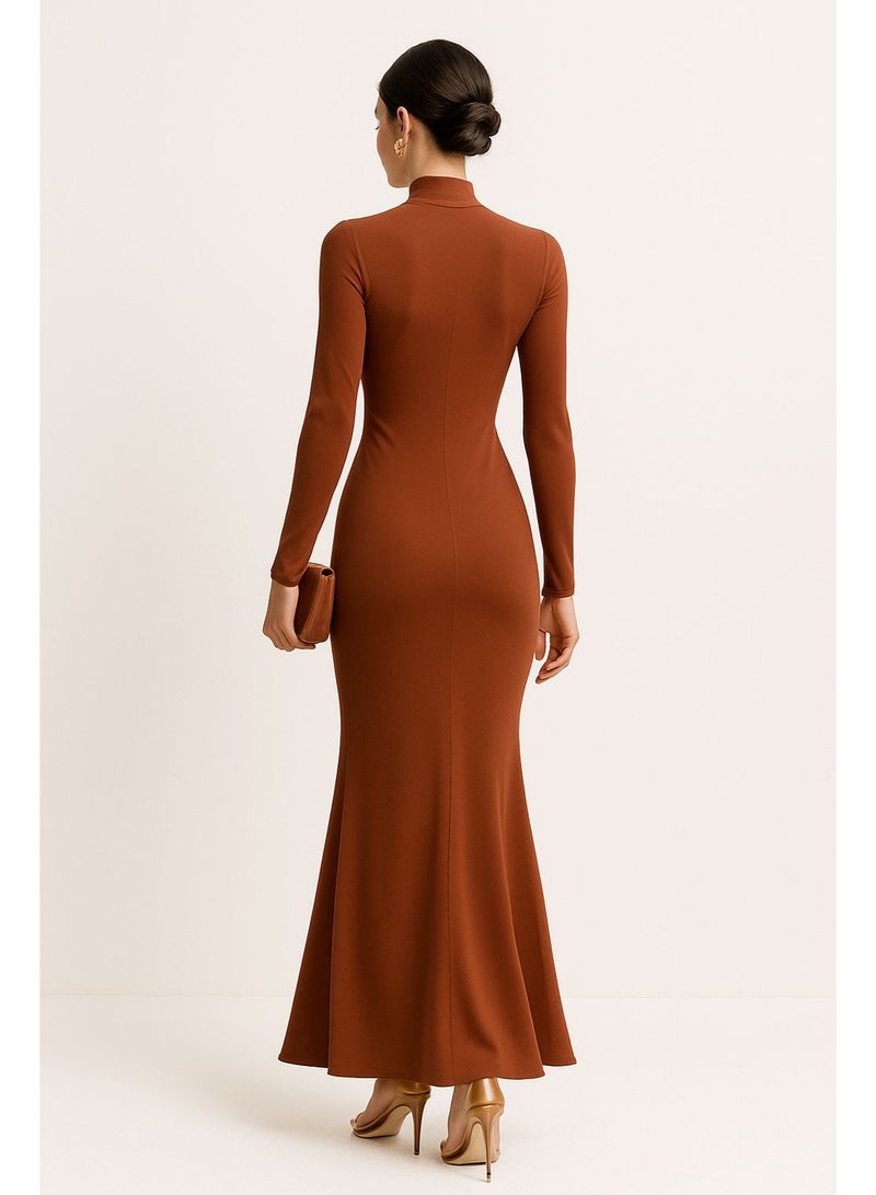 Influence Germany Stylish rust-colored long-sleeve maxi dress with a mock neckline and a sleek, fitted silhouette - Image 3