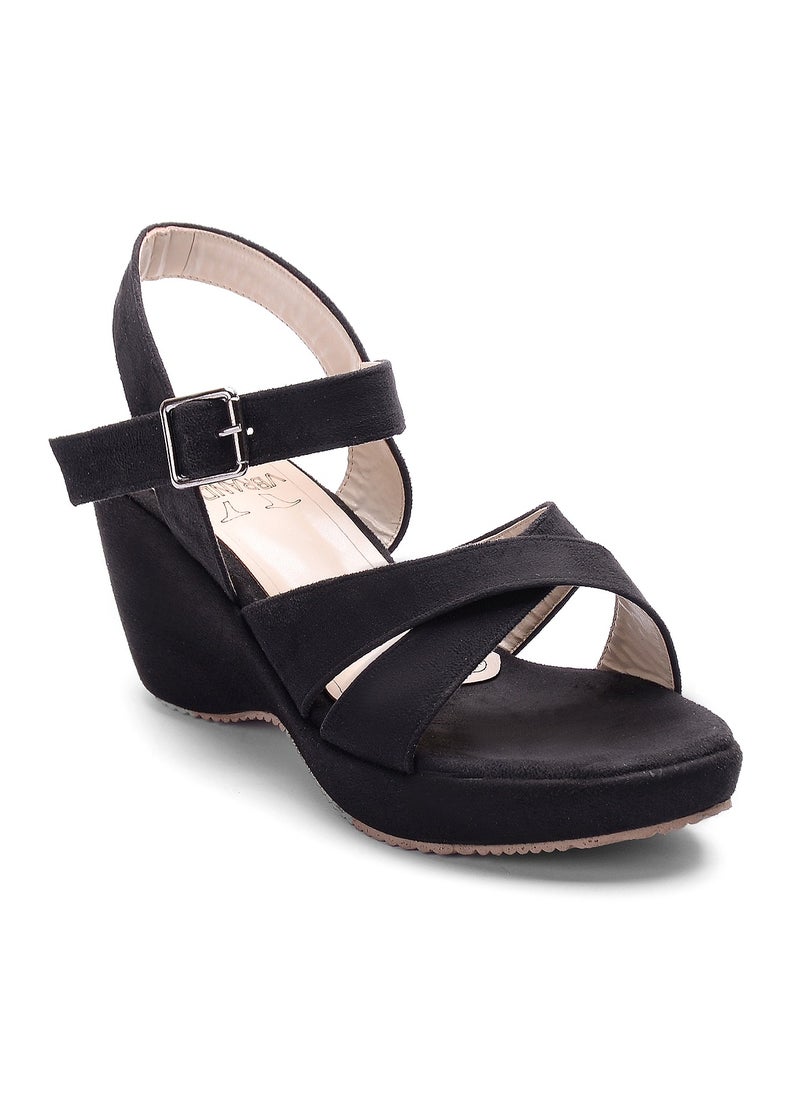 Vbranda - Elegant Suede Wedge Sandal W-7-BLACK - Image 1