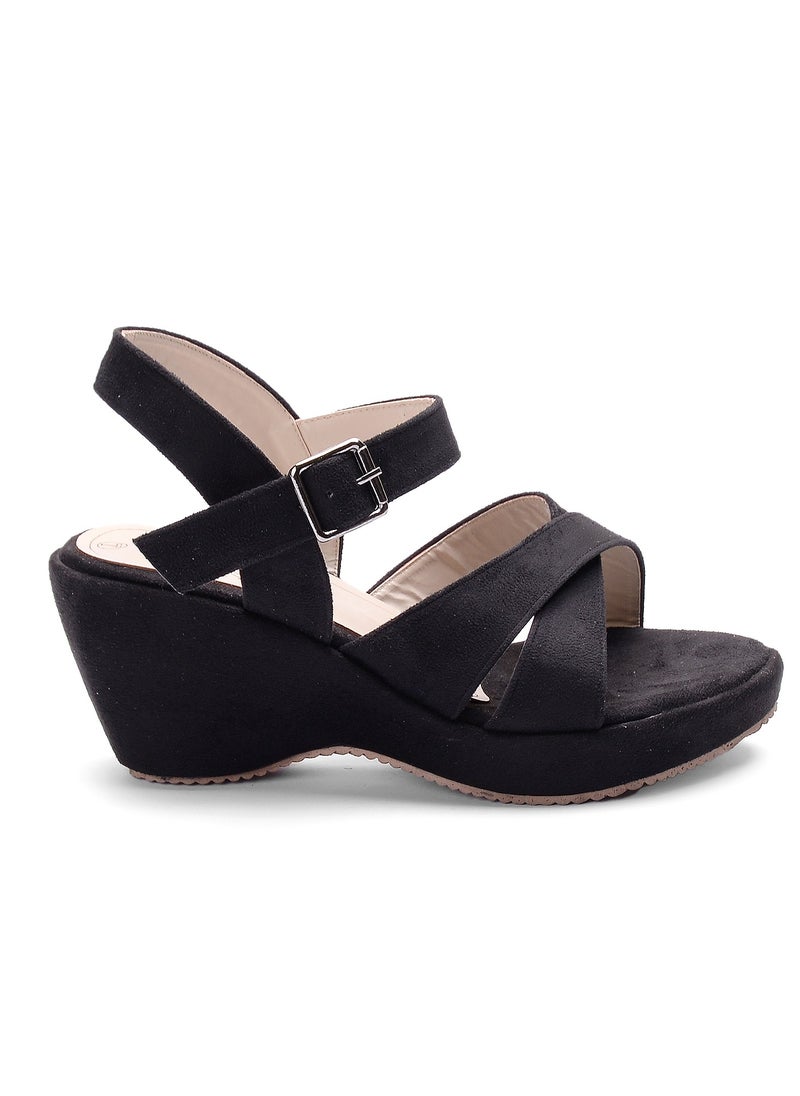 Vbranda - Elegant Suede Wedge Sandal W-7-BLACK - Image 1