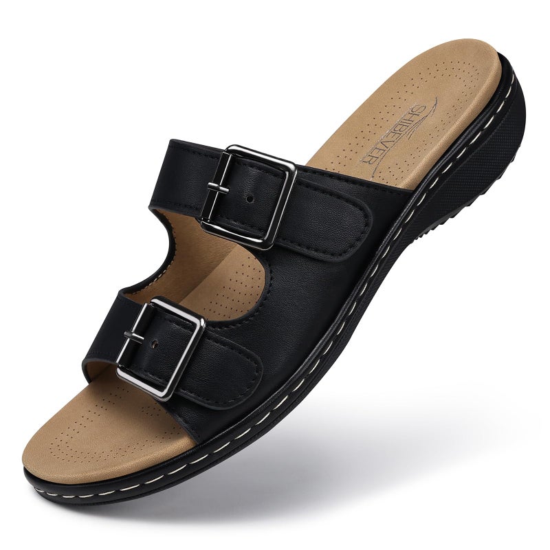 SHIBEVER Women Dressy Flat Sandals Arch Support Black Open Toe Summer Slides Comfortable Walking Sandal Slip on Size 8