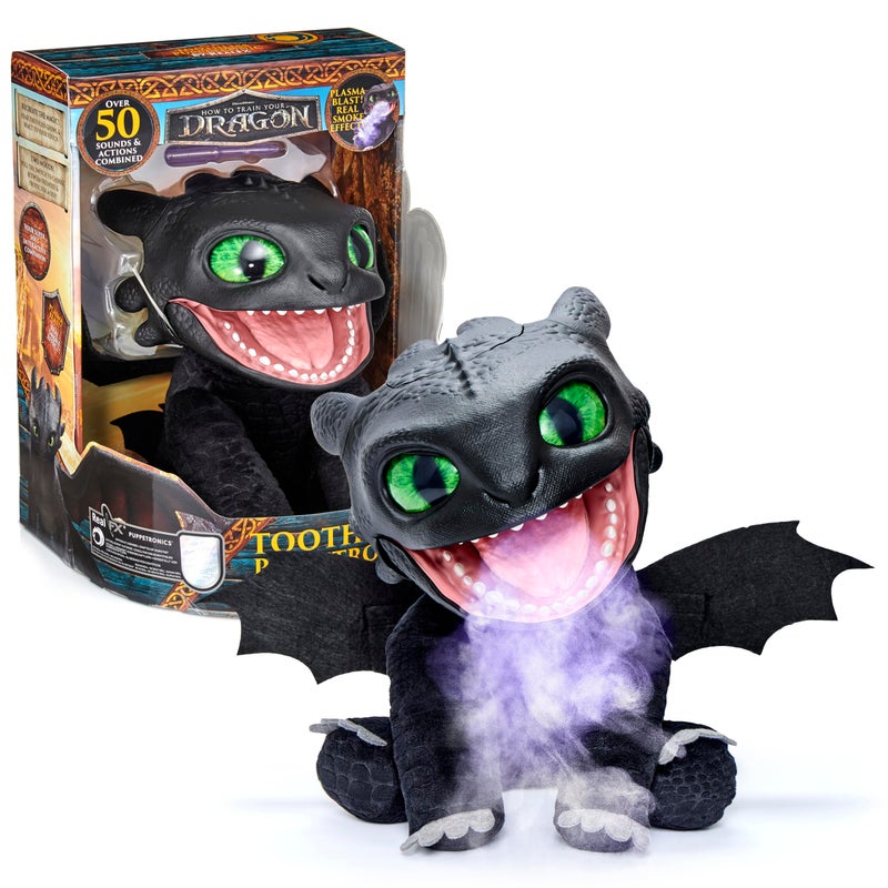 Wow! Stuff How to Train Your Dragon: Toothless Puppetronic by RealFX - Looks-Feels-Sounds Real, 50+ Action & Sounds, 10" High Plush, Kids Ages 6+ - Image 1
