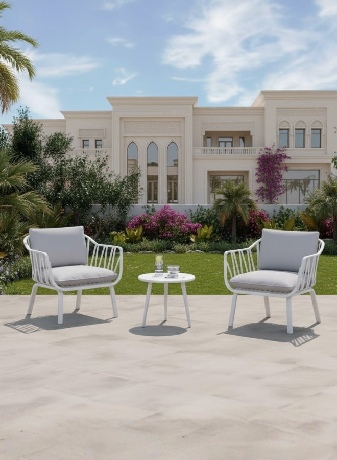 Marcolo 3-Piece Outdoor Bistro Set – White Fiberglass Plastic Frame, 2 Chairs & Coffee Table – Weather-Resistant Patio & Balcony Furniture (Grey Cushions) - Image 1