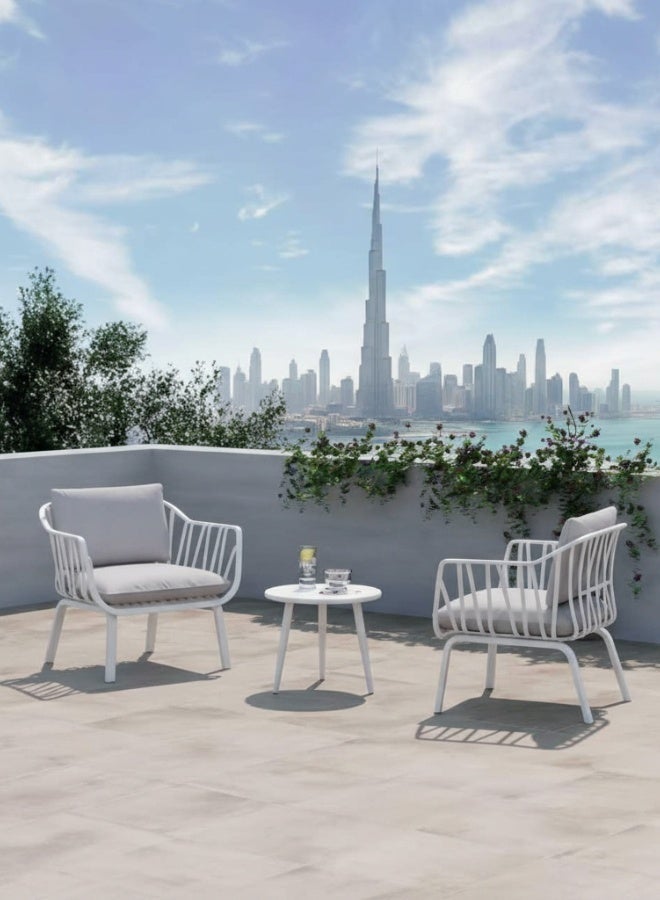 Marcolo 3-Piece Outdoor Bistro Set – White Fiberglass Plastic Frame, 2 Chairs & Coffee Table – Weather-Resistant Patio & Balcony Furniture (Grey Cushions) - Image 2