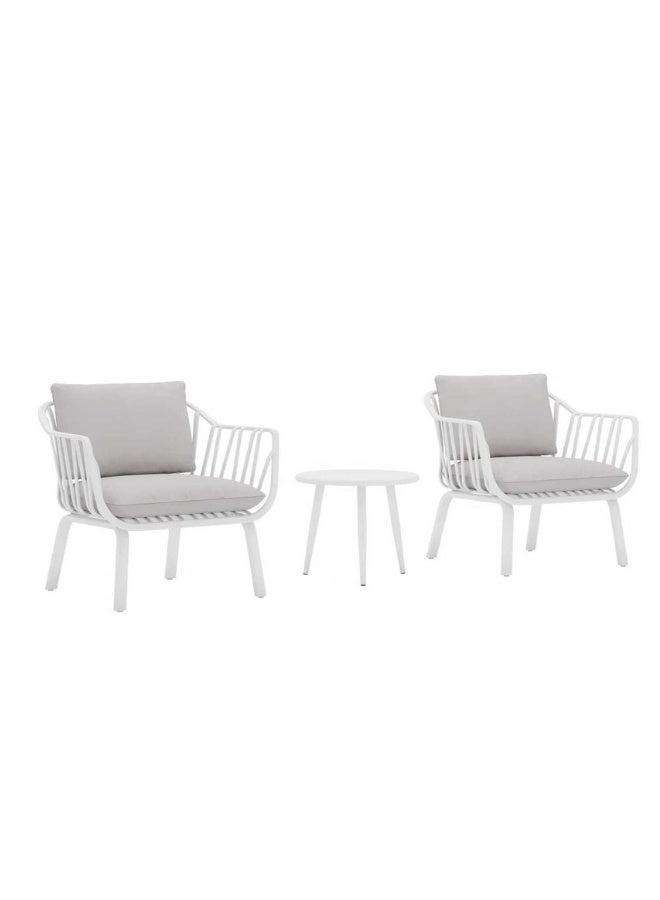 Marcolo 3-Piece Outdoor Bistro Set – White Fiberglass Plastic Frame, 2 Chairs & Coffee Table – Weather-Resistant Patio & Balcony Furniture (Grey Cushions) - Image 3