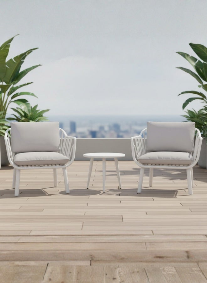 Marcolo 3-Piece Outdoor Bistro Set – White Fiberglass Plastic Frame, 2 Chairs & Coffee Table – Weather-Resistant Patio & Balcony Furniture (Grey Cushions) - Image 5