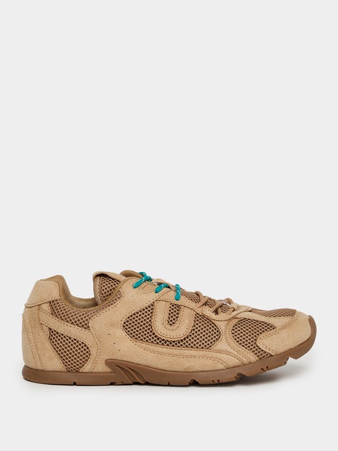 Tan Suede Mesh Lace-Up Sneakers