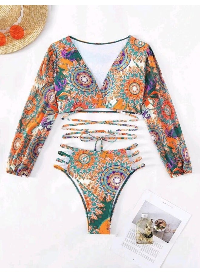 Summer New Printed European And American Split Swimsuit Holiday Bikini Advanced Deep V Hollow Strap For Women