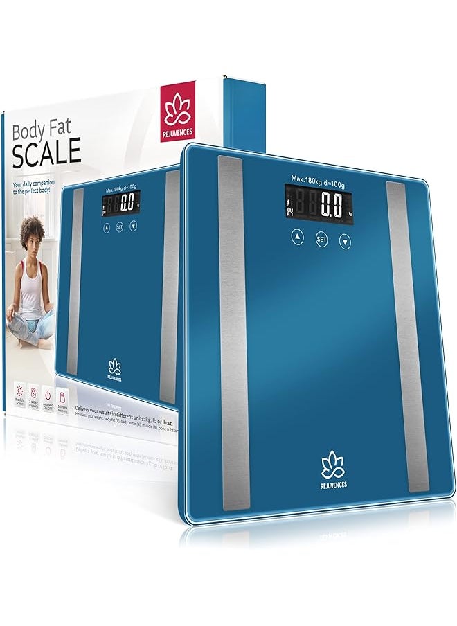 REJUVENCES - Rejuvences Digital Scale for Body Weight, Body Fat, Body Water, Muscle Mass, Bone Mass, and BMR - Smart Body Composition Scale with Auto ON/OFF, 3-180kg Weight Capacity (Blue) - Image 1