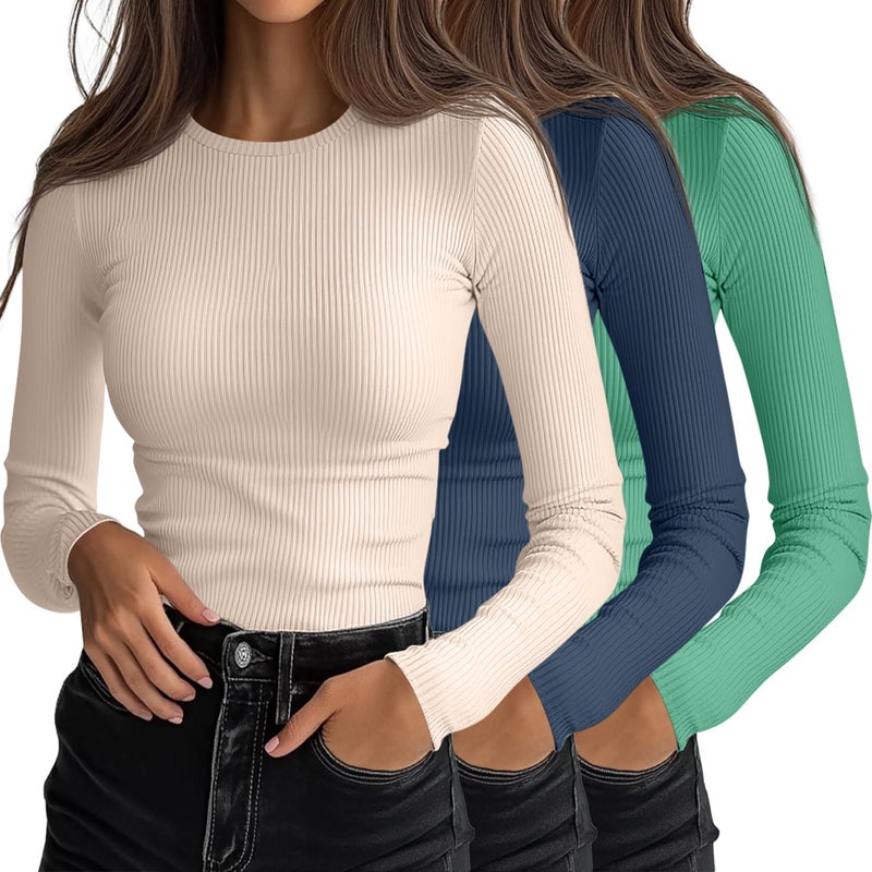 Ficerd 3 Pack Womens Ribbed Long Sleeve Tops Crew Neck Slim Fit Knit Undershirts Basic Casual Stretch Layering Tee ShirtsLight Beige Haze Blue Mint GreenMedium - Image 2