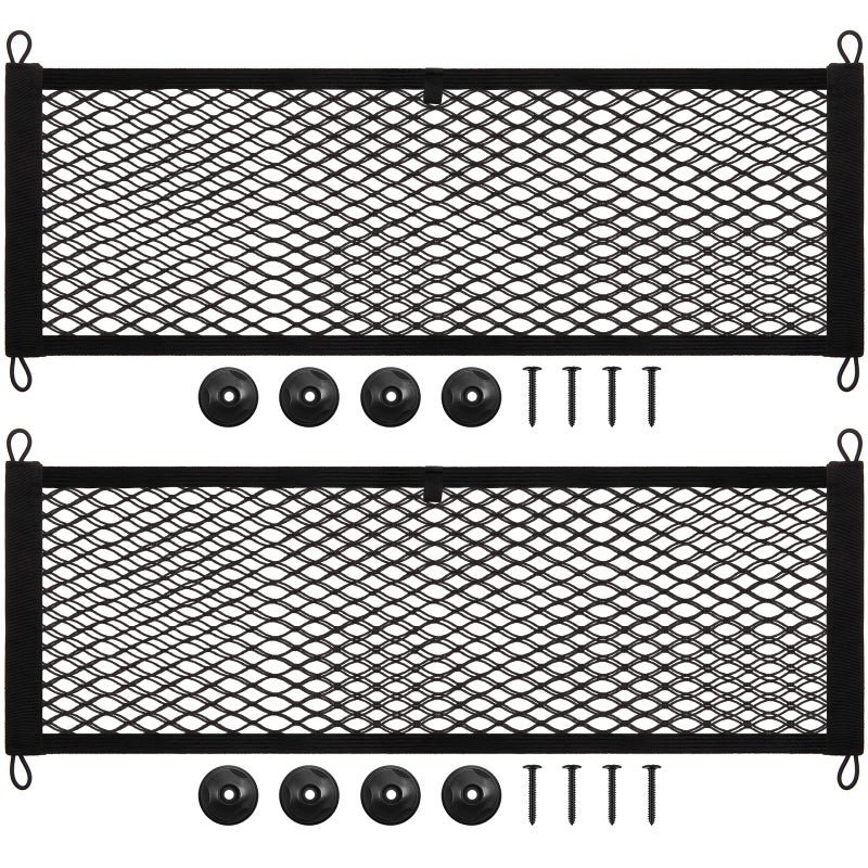 Frienda 2 Pieces Stretchable Small Cargo Net Pocket Storage Mesh Net Elastic Automotive Storage Pouch with 8 Pieces Mounting Screws and Hooks for Truck Car SUV Boats(29 x 9.8 Inches) - Image 1