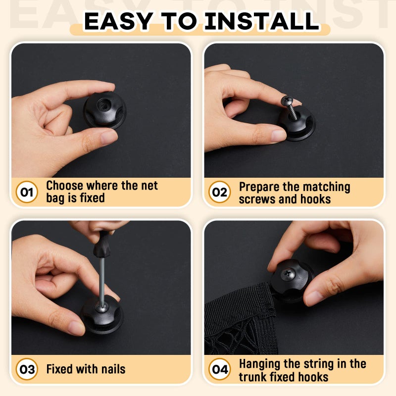 Frienda 2 Pieces Stretchable Small Cargo Net Pocket Storage Mesh Net Elastic Automotive Storage Pouch with 8 Pieces Mounting Screws and Hooks for Truck Car SUV Boats(29 x 9.8 Inches) - Image 5