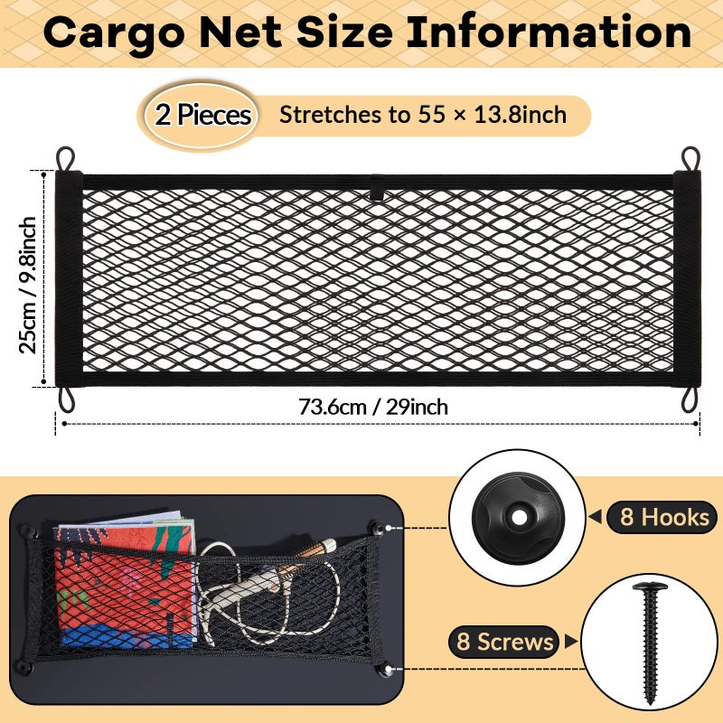 Frienda 2 Pieces Stretchable Small Cargo Net Pocket Storage Mesh Net Elastic Automotive Storage Pouch with 8 Pieces Mounting Screws and Hooks for Truck Car SUV Boats(29 x 9.8 Inches) - Image 2