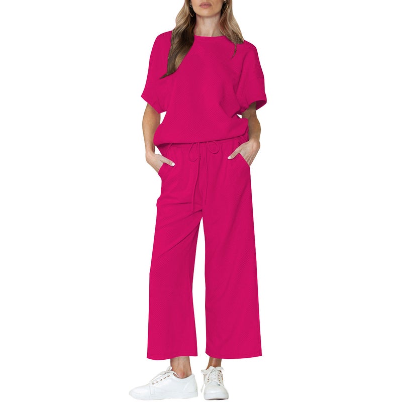 Q24S8523 cross-border European and American womens clothing Amazon summer fashion casual crew neck short sleeve pants two-piece set Rose red