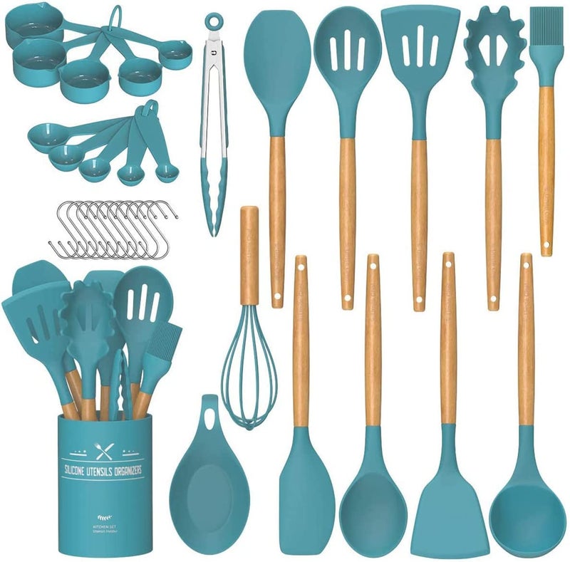 33-Piece Non-Stick Silicone Cooking Utensil Set with Wooden Handles and Holder, Khaki - Image 1