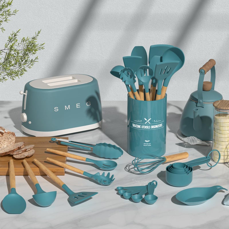 33-Piece Non-Stick Silicone Cooking Utensil Set with Wooden Handles and Holder, Khaki - Image 3