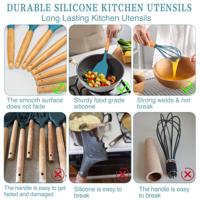 33-Piece Non-Stick Silicone Cooking Utensil Set with Wooden Handles and Holder, Khaki - Image 5