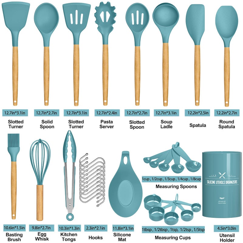 33-Piece Non-Stick Silicone Cooking Utensil Set with Wooden Handles and Holder, Khaki - Image 4