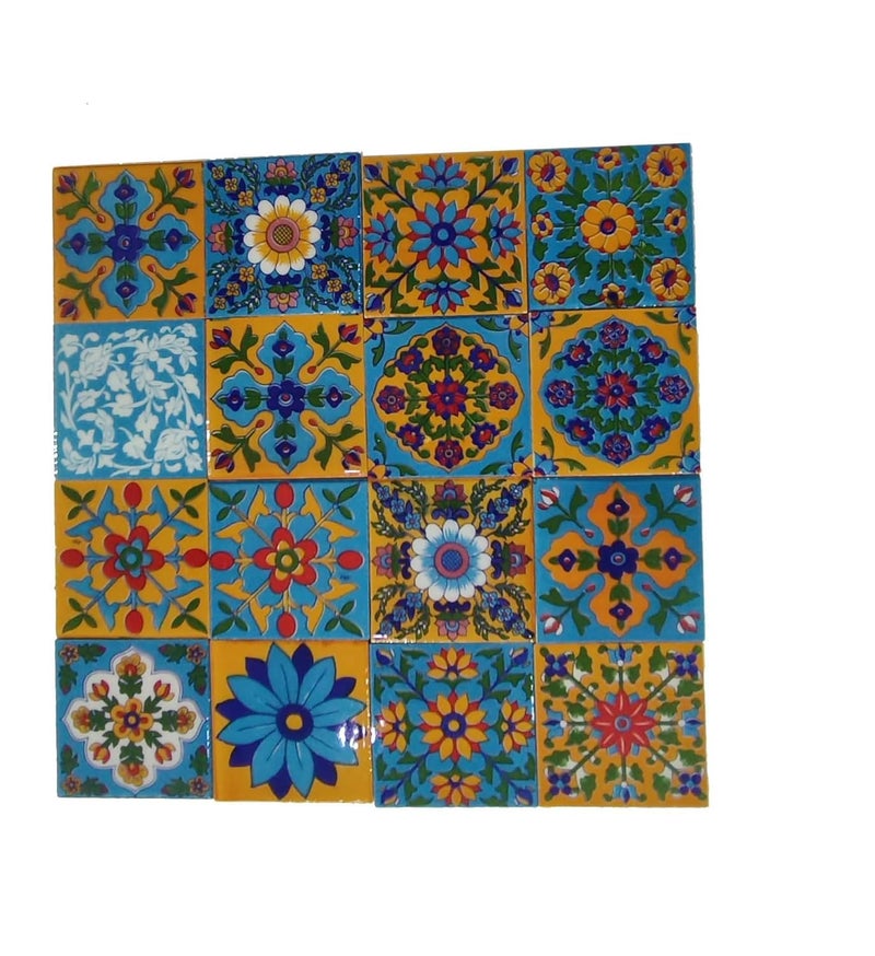 Shiv Kripa Blue Pottery Home Decorative Ceramic Wall Hanging Tile Design Flooring Tiles Floral Kitchen Washroom Mosaic Furniture Tile Handmade Backsplash 3 x 3 Inches Pack of 16 Multicolor