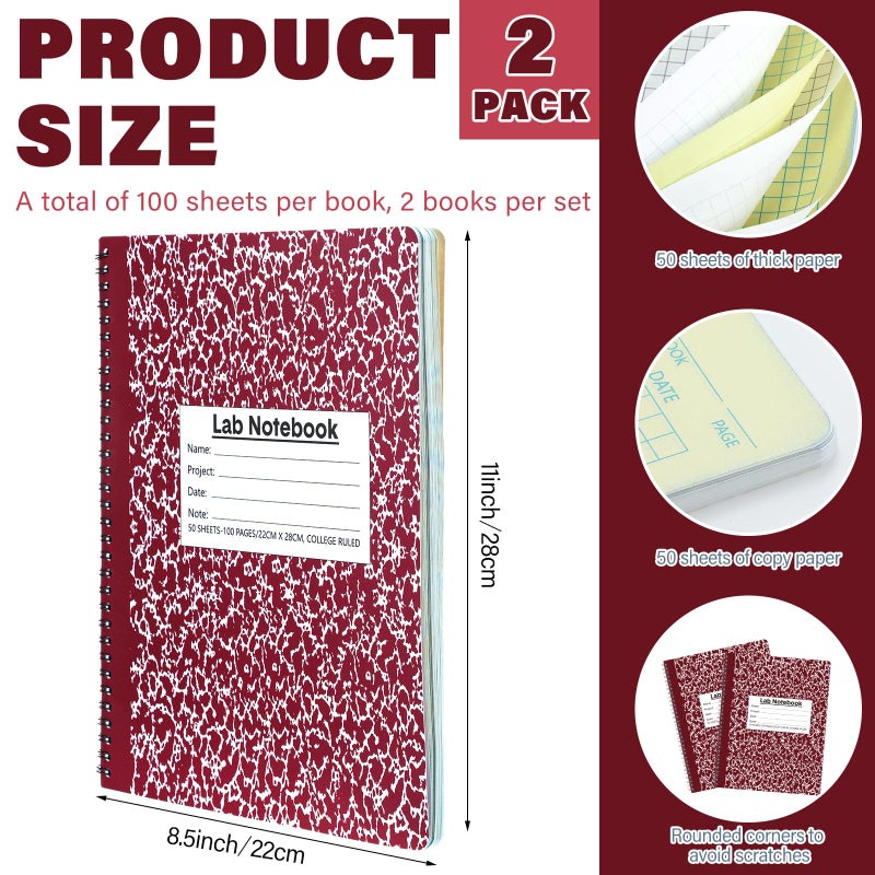 Affrolling 2 Pack Carbonless Lab Notebook Carbon Copy 8.5'' x 11'' 50 Sets of Pages 100 Pages Total Laboratory Engineering Chemistry Computation Notebook Science Grid Coil Binding(Wine Red and White) - Image 2