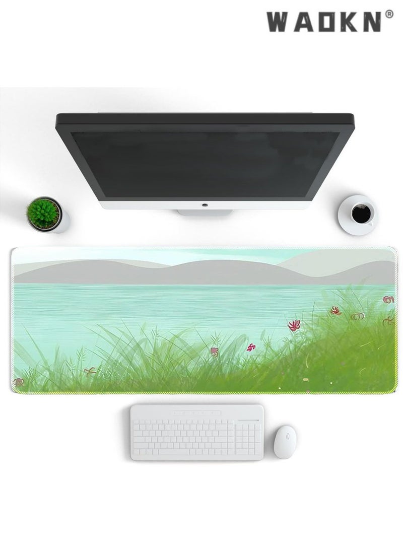 WAOKN Gaming Mouse Pad with Stitched Edges, Boho Minimal Flowers Mouse Pad, Extended XL Mousepad with Anti-Slip Base, Cute Large Mouse Pad for Desk, 31.5 x 11.8 in, White  - Image 1