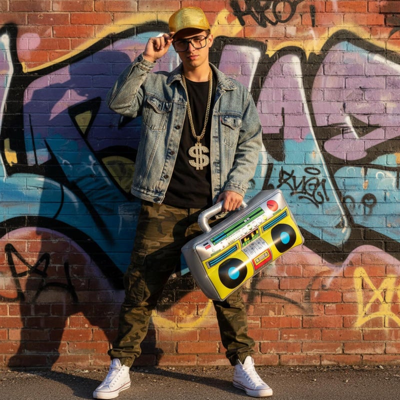meekoo Halloween Hip Hop Costume 80s 90s Rapper Outfit Cosplay Accessories for Men Inflatable Boombox Baseball Cap(Gold Baseball Cap, Boom Box) - Image 5