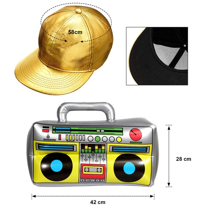 meekoo Halloween Hip Hop Costume 80s 90s Rapper Outfit Cosplay Accessories for Men Inflatable Boombox Baseball Cap(Gold Baseball Cap, Boom Box) - Image 2