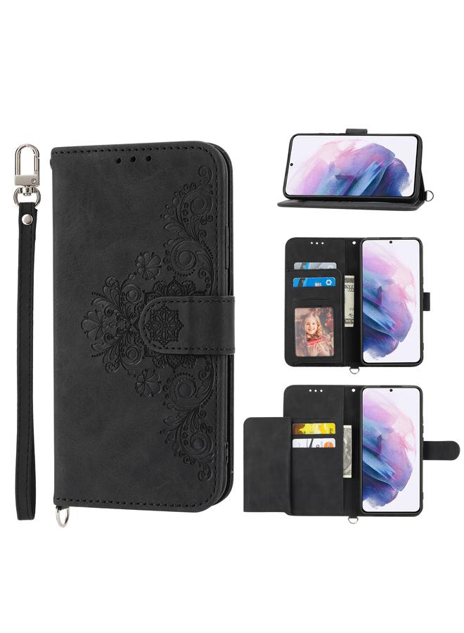S-TOP Case For Samsung Galaxy S21 Ultra 5G Skin-feel Flowers Embossed Wallet Leather Phone Case - Image 1