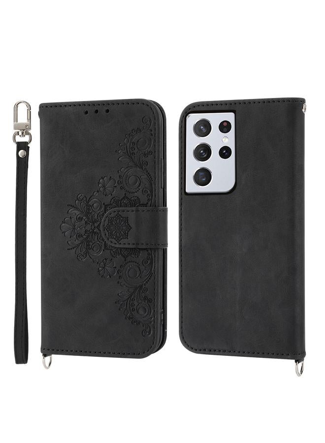 S-TOP Case For Samsung Galaxy S21 Ultra 5G Skin-feel Flowers Embossed Wallet Leather Phone Case - Image 2