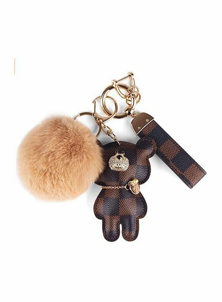 Cute Pom Pom Keychain with Diamond Bear Charm Ideal for Car Keys and Backpacks Stylish Accessory for All Ages - Image 1