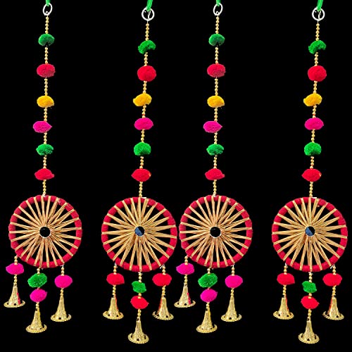 3A Featuretail Handcrafted Decorative Colourful Pom Pom with Bells for Wall/Door/Window Hanging Bells, Festive or Wedding Hanging Decorative Items (Red, Pack of 4) - Image 1