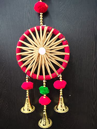 3A Featuretail Handcrafted Decorative Colourful Pom Pom with Bells for Wall/Door/Window Hanging Bells, Festive or Wedding Hanging Decorative Items (Red, Pack of 4) - Image 2