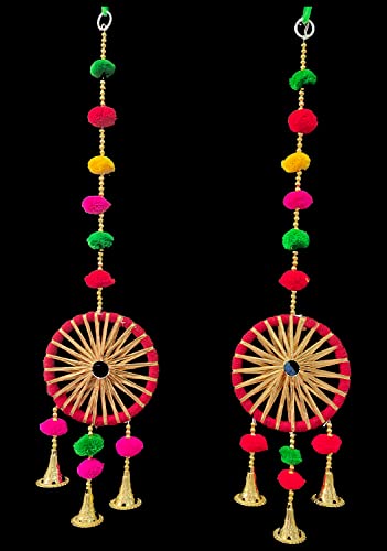 3A Featuretail Handcrafted Decorative Colourful Pom Pom with Bells for Wall/Door/Window Hanging Bells, Festive or Wedding Hanging Decorative Items (Red, Pack of 4) - Image 3
