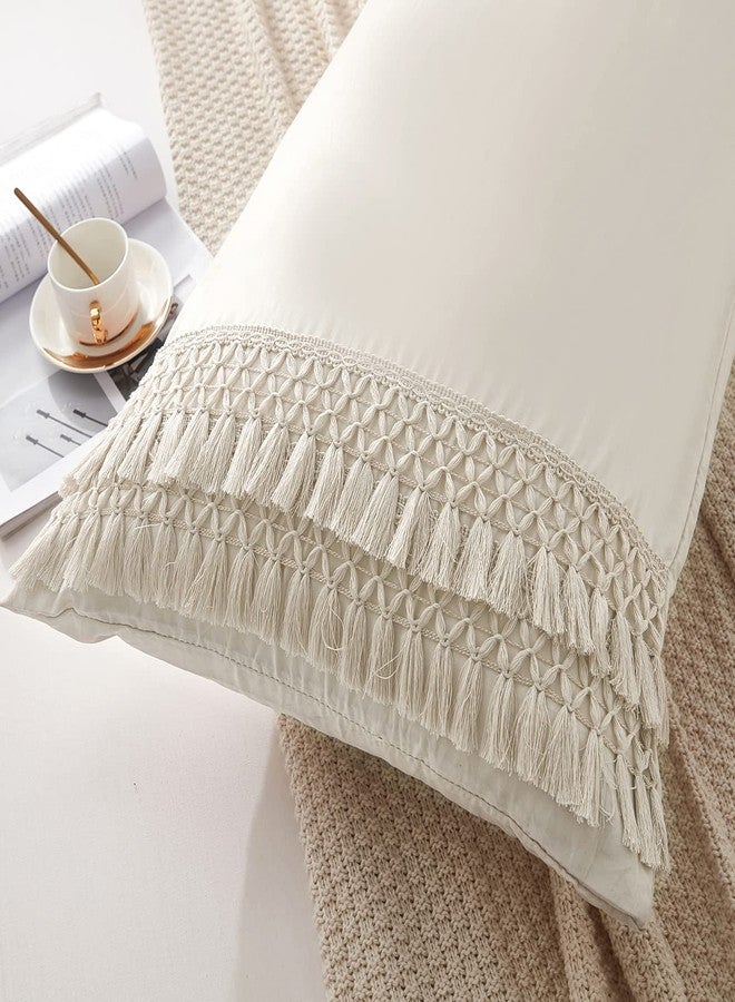 MOVE OVER Beige Tassel Body Pillow Cover 20x54 Body Pillow Cover Boho Chic Macrame Tassel Decor Pillow Covers with Pocket Closure - Image 1