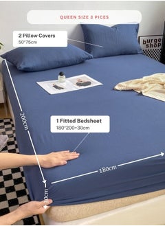 LUNA Home 3-Piece Set: queen-size fitted bedsheet and two pillowcases, washable cotton in a Blue color.  - Image 2